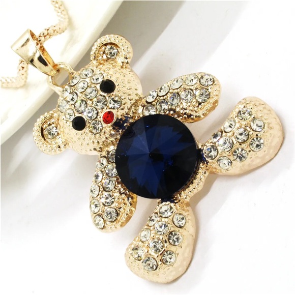 NWT.  Betsey Johnson Gold Blue Crystal Rhinestones Accents Bear Necklace - Picture 3 of 4